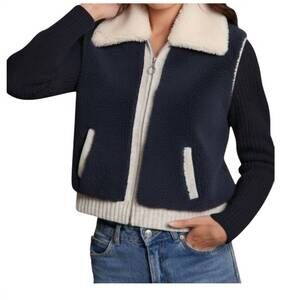 NEW ALASHAN CASHMERE merino & sherpa zip shaker sweater in navy